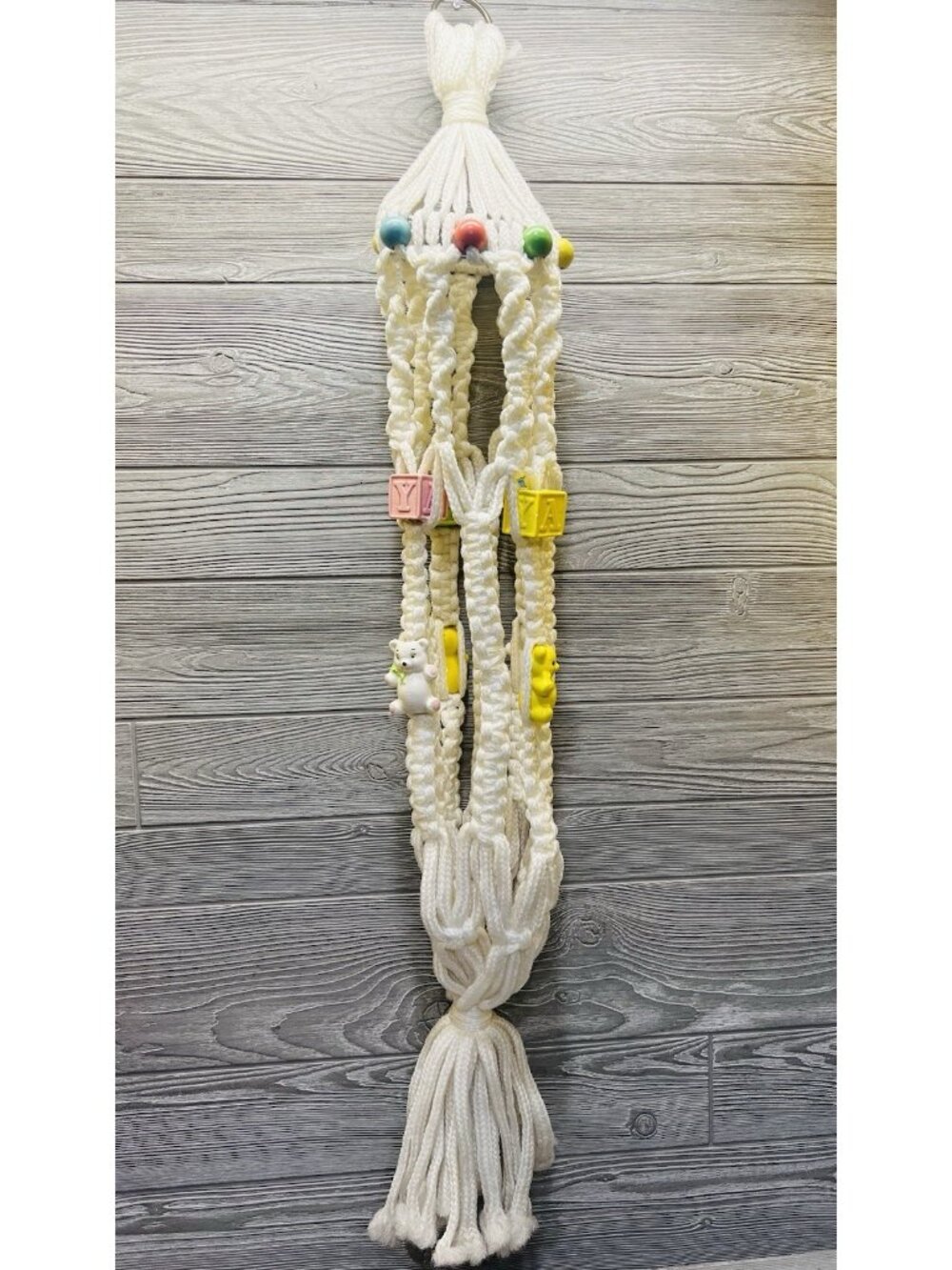 Vintage Macrame Plant Hanger Baby Nursery Ceramic Blocks Teddy Bears Wood Beads